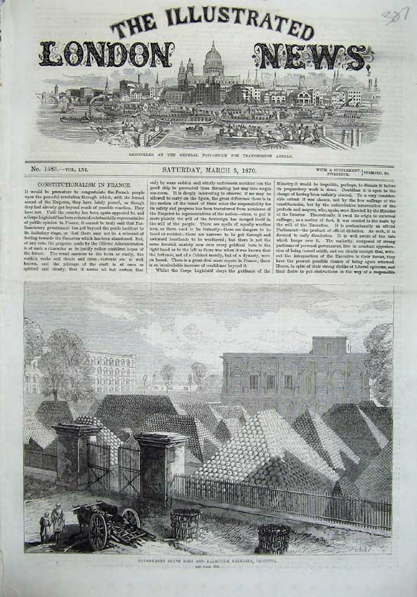 Old Antique Print 1870 Government House Fort Dalhousie Barracks Calcutta 19th