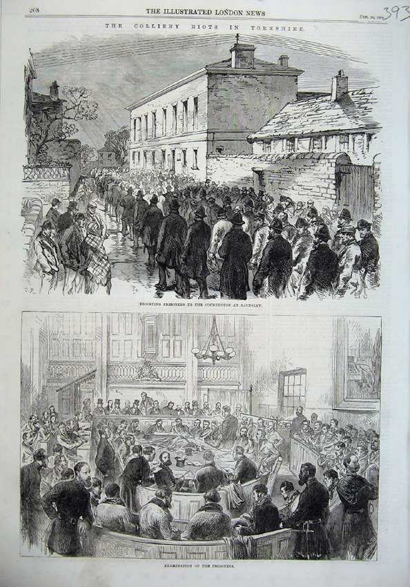 Old Antique Print Colliery Riots Yorkshire 1870 Prisoners Barnsley Court 19th