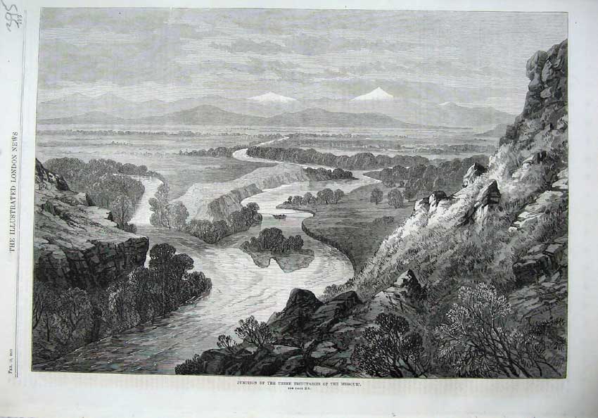 Old Antique Print 1870 Junction Three Tributaries Missouri River Mountain 19th