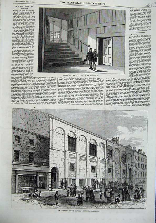 Old Antique Print Jospeh Roman Catholic Church Liverpool 1870 Fatal Crush 19th