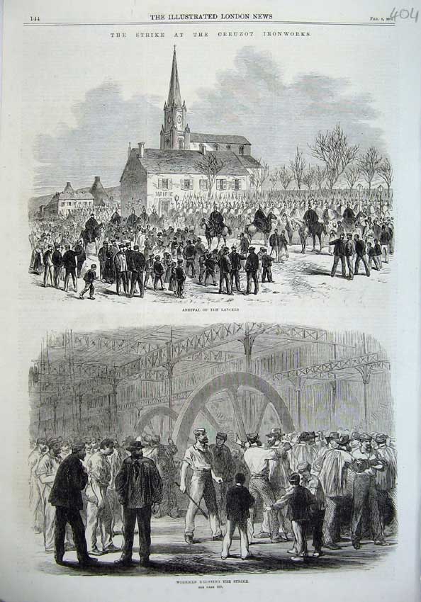 Original Old Antique Print Strike Creuzot Ironworks 1870 Lancers Workmen Army