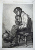 Original Old Antique Print Fine Art 1870 Little Coloured Boy Sitting Chair Book