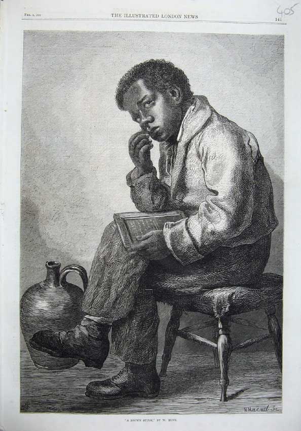 Original Old Antique Print Fine Art 1870 Little Coloured Boy Sitting Chair Book