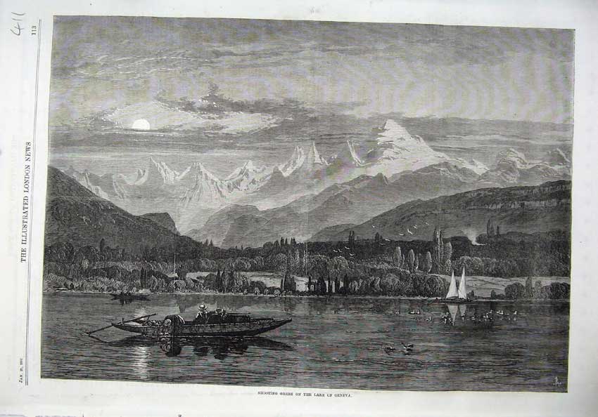 Old Antique Print 1870 Fine Art Shooting Grebe Lake Geneva Mountains Tree 19th
