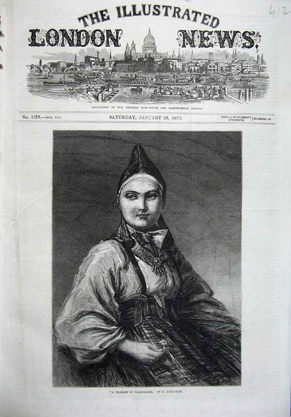 Old Antique Print 1870 Fine Art Portrait Peasant Girl Dalecarlia Lundgren 19th