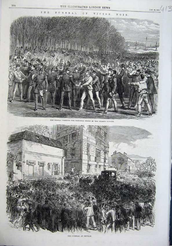 Old Antique Print Funeral Victor Noir 1870 Guard Champs Elysees Neuilly 19th