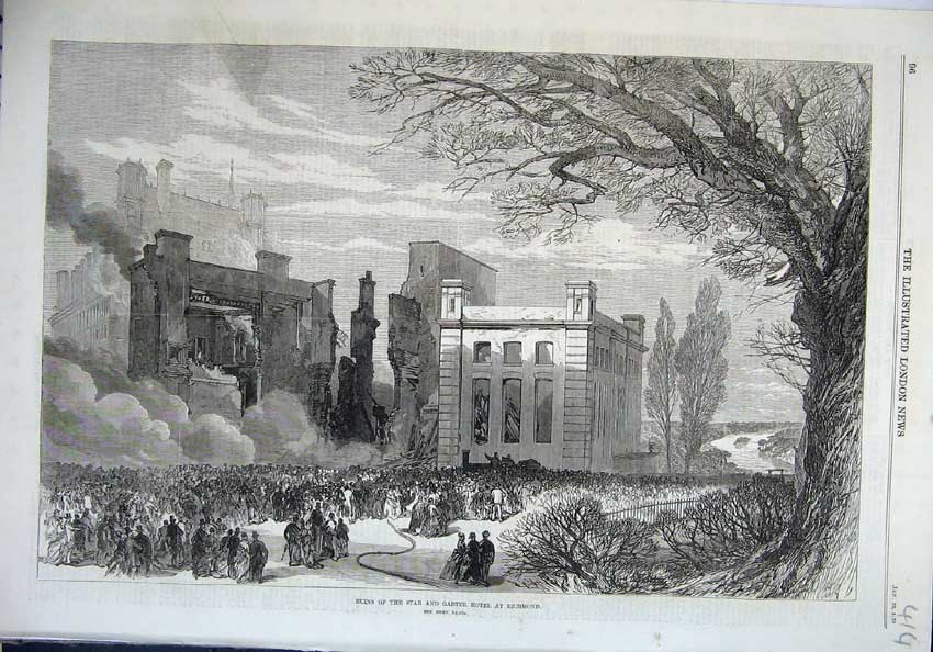 Old Antique Print Fine Art 1870 Ruins Star Garter Hotel Richmond Building 19th