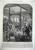 Original Old Antique Print Meat Market Smithfield 1870 Train Men Fine Art 19th