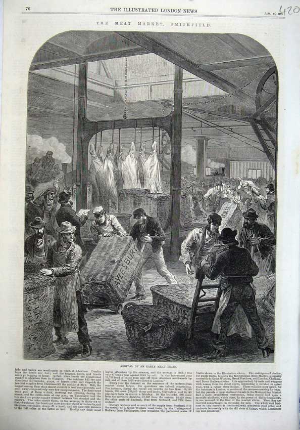 Original Old Antique Print Meat Market Smithfield 1870 Train Men Fine Art 19th