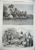 Old Antique Print Nicobar Islands Indian Ocean 1870 Village Mala Natives 19th