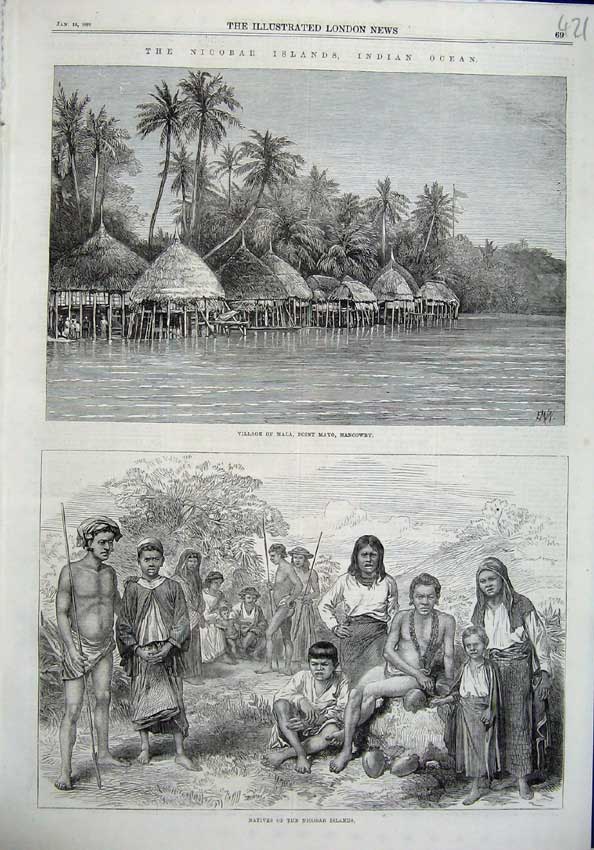 Old Antique Print Nicobar Islands Indian Ocean 1870 Village Mala Natives 19th