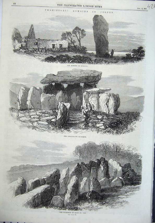 Old Antique Print Jersey 1870 Menhir Quesnel Pocquelaye Cromlech St Ube 19th