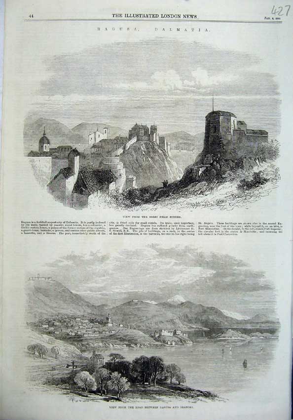Old Antique Print Ragusa Dalmatia 1870 Borgi Pille Mountains Gravoso Art 19th