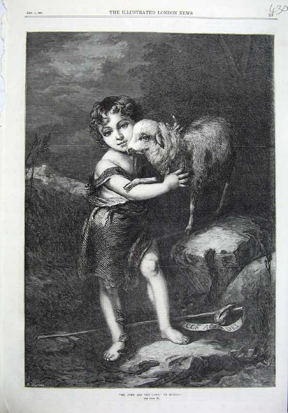 Original Old Antique Print Fine Art 1870 St John Lamb Little Boy Sheep Murillo