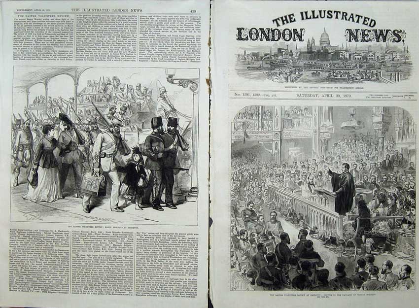 Original Old Antique Print 1870 Ta Review Brighton Service Pavilion War Army