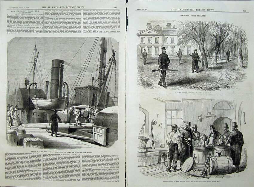 Old Antique Print Ireland 1870 Casks Arms Dublin Ship Windsor Meath Park 19th