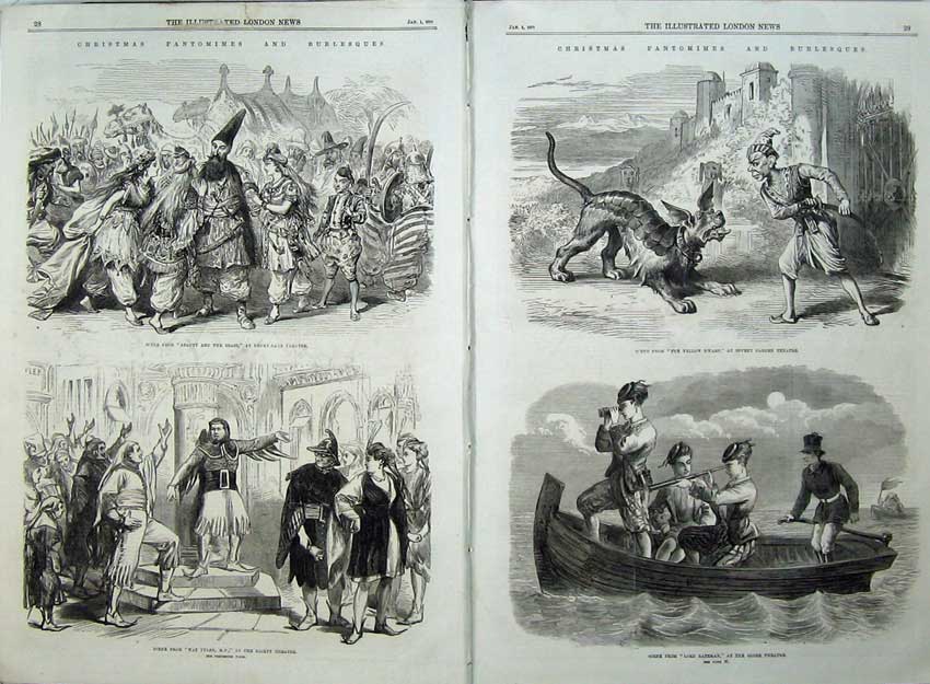 Old Antique Print Pantomimes 1870 Theatre Wat Tyler Beauty Dwarf Bateman 19th