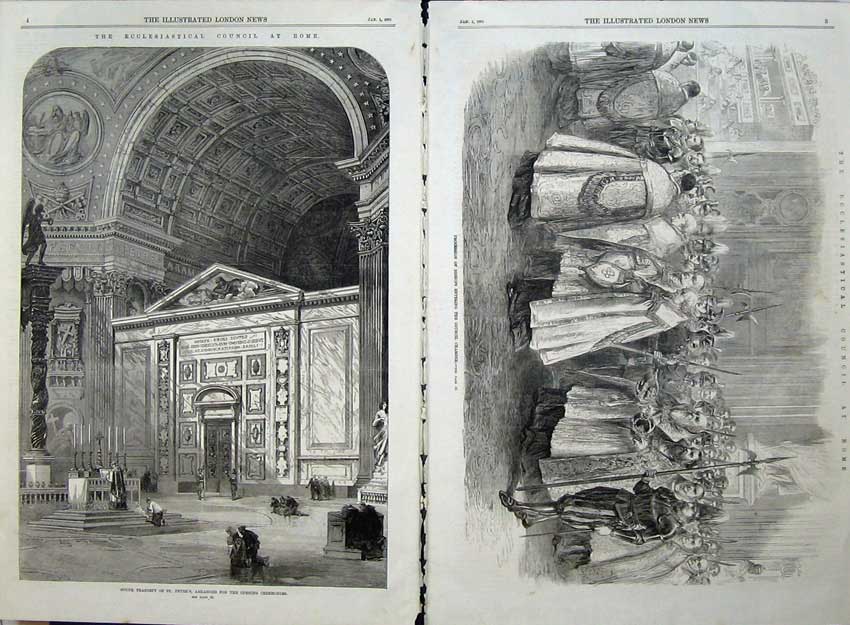 Old Antique Print Rome 1870 Transept St Peters Bishops Council Chamber 19th