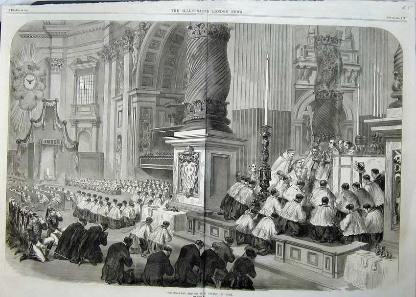 Antique Old Print 1870 Christmas Service St Peter'S Church Cathedral Rome 19th