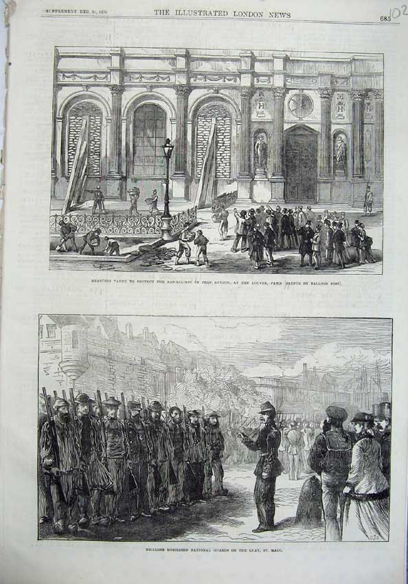 Old Antique Print 1870 National Guards Quay Malo Bas-Reliefs Louvre Paris 19th