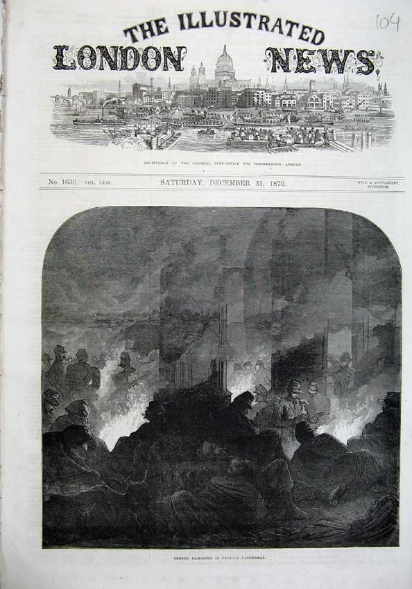 Old Antique Print 1870 Fine Art French Prisoners Orleans Cathedral Fire 19th