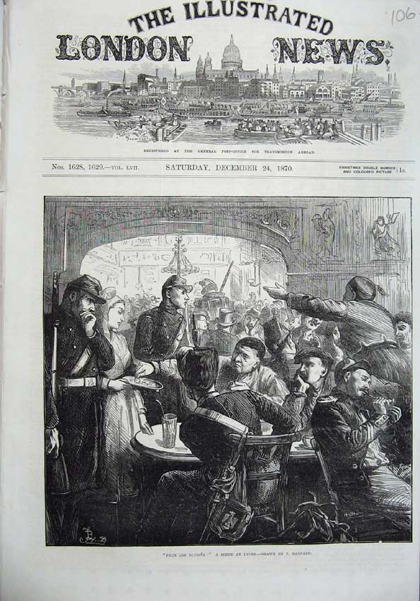 Original Old Antique Print 1870 Fine Art Scene Lyons Men Siers Pour Les Blesses