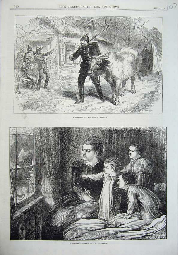 Original Old Antique Print Siers Uniform Cow Street 1870 Mother Children Robin