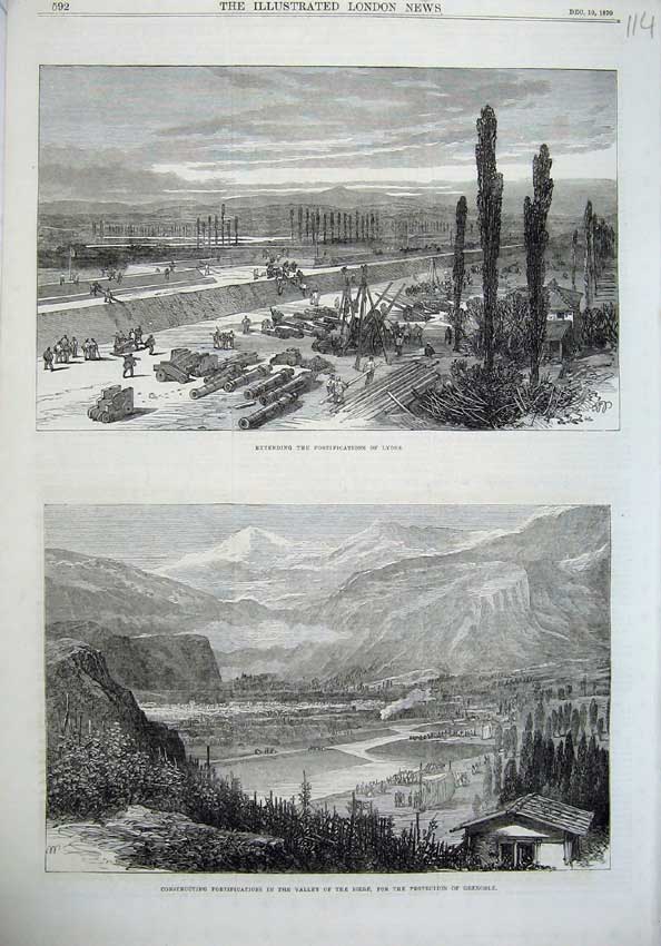 Old Antique Print Fortifications Lyons France 1870 Valley Isere Grenoble 19th