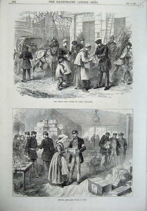 Original Old Antique Print Octroi Versailles 1870 British Ambulance Stores Metz