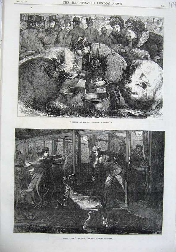 Original Old Antique Print Cattle Show Birmingham Fine Art 1870 Holborn Theatre