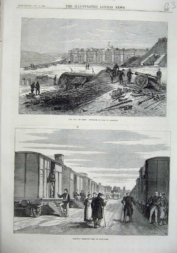 Old Antique Print Fall Metz 1870 Fort St Quentin Railway Waggons Hospital 19th