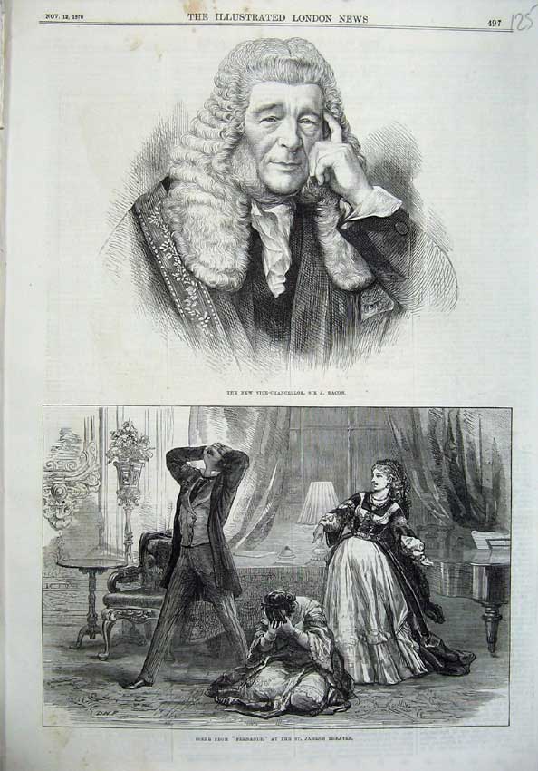 Old Antique Print Vice-Chancellor Sir Bacon 1870 James'S Theatre Fernande 19th