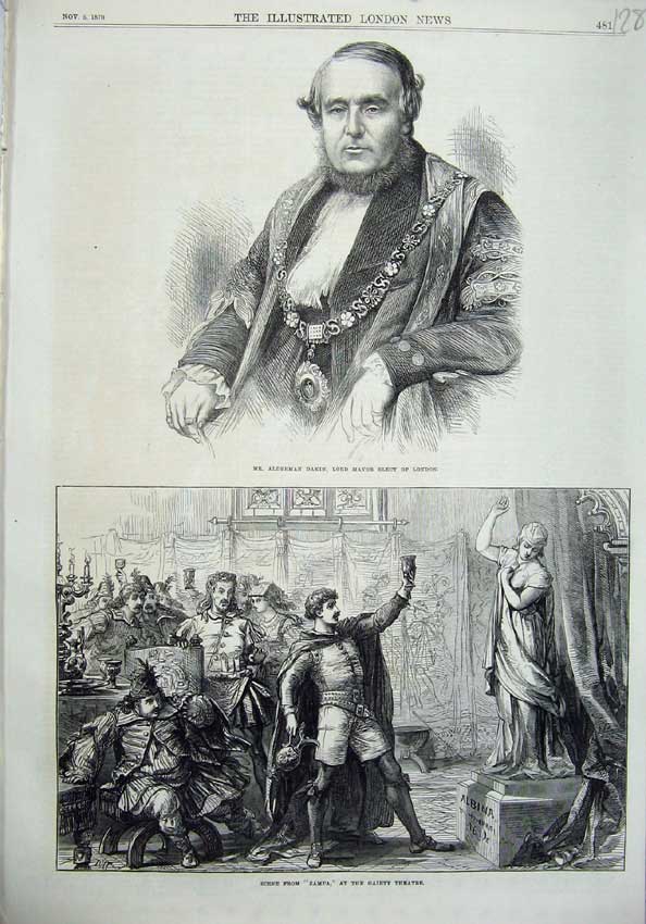 Old Antique Print Mr Alderman Dakin Lord Mayor London 1870 Theatre Gaiety 19th