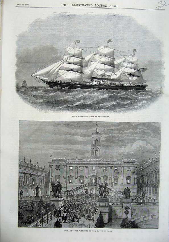 Original Old Antique Print 1870 Screw Ship Queen Thames Plebiscite Capital Rome