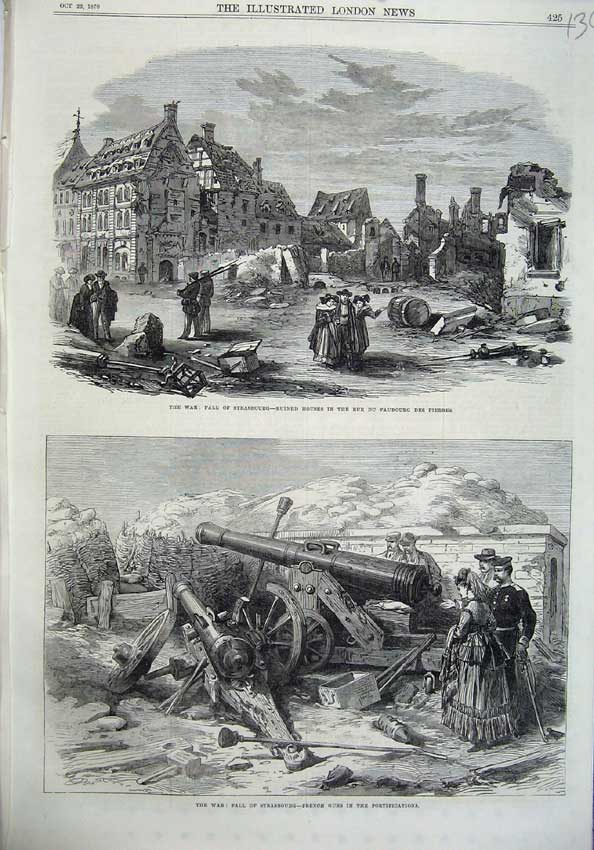 Old Antique Print War Strasbourg Houses Rue Du Pierres 1870 French Guns 19th