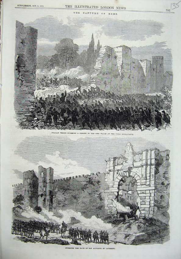 Old Antique Print Italian Troops Villa Buonaparte 1870 Gate San Giovanni 19th