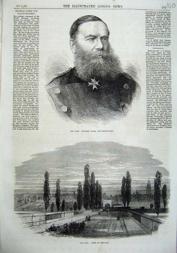 Original Old Antique Print War General Vogel Falkenstein 1870 Town Mezieres Art