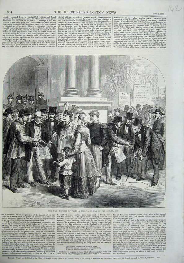 Old Antique Print 1870 War Defence Paris Council Boulevards Army People 19th
