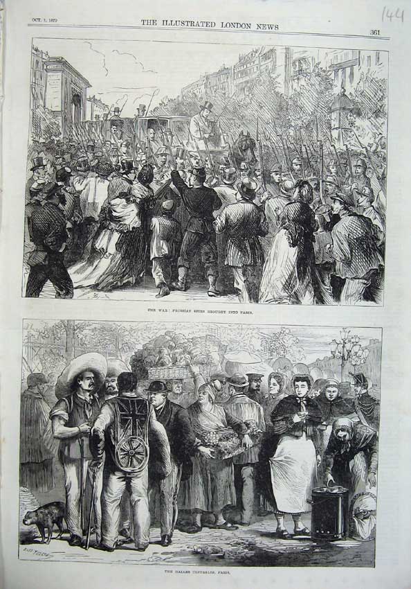 Old Antique Print 1870 War Prussian Spies Paris Halles Centrales France 19th
