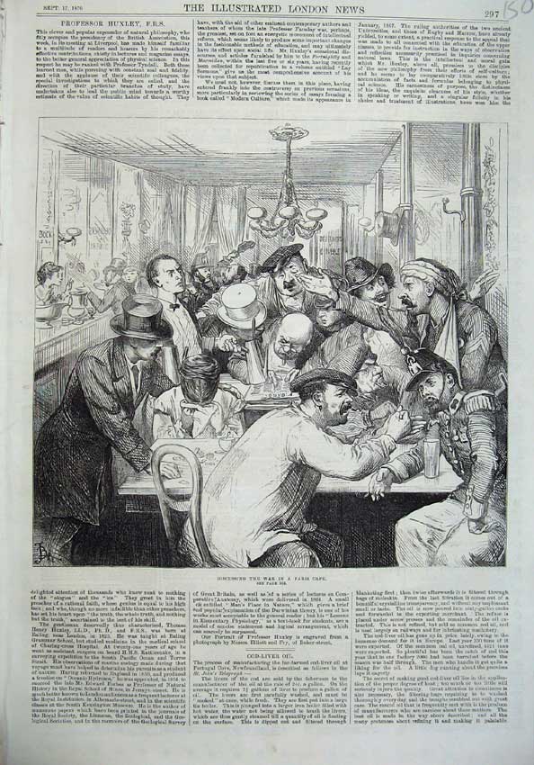 Original Old Antique Print 1870 Men Discussing War Paris CafÇ France Uniform