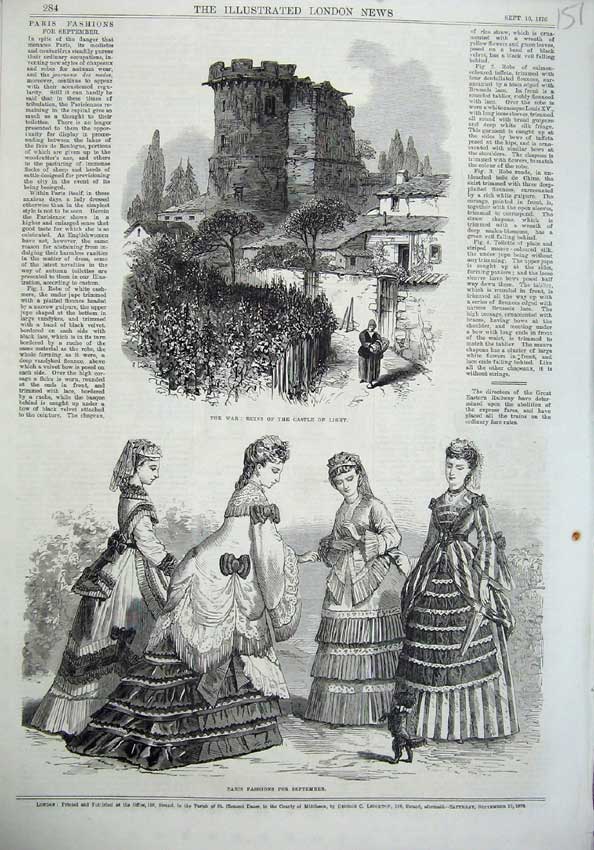 Original Old Antique Print Paris Fashion 1870 War Ruins Castle Ligny Victorian