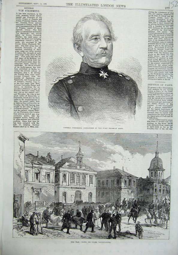Old Antique Print 1870 General Steinmetz Prussian Army Hotel Vaucouleurs 19th