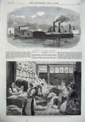 Original Old Antique Print Defence Paris 1870 Seine Boats London Linen Bandages