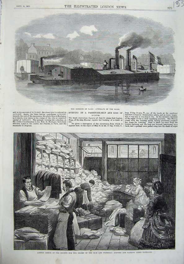 Original Old Antique Print Defence Paris 1870 Seine Boats London Linen Bandages