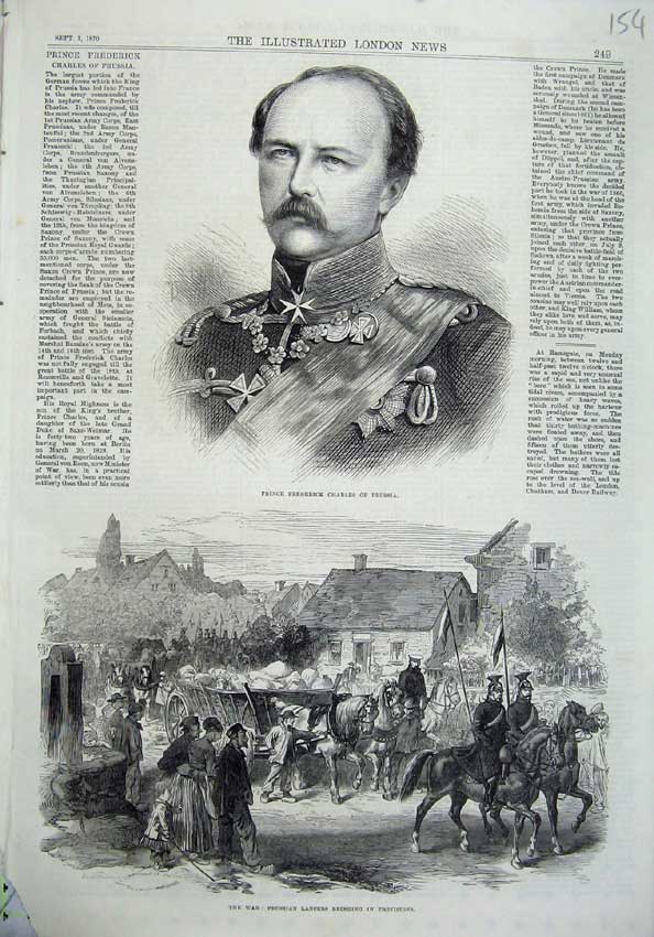 Original Old Antique Print 1870 Prince Frederick Prussia Lancers War Horse Cart