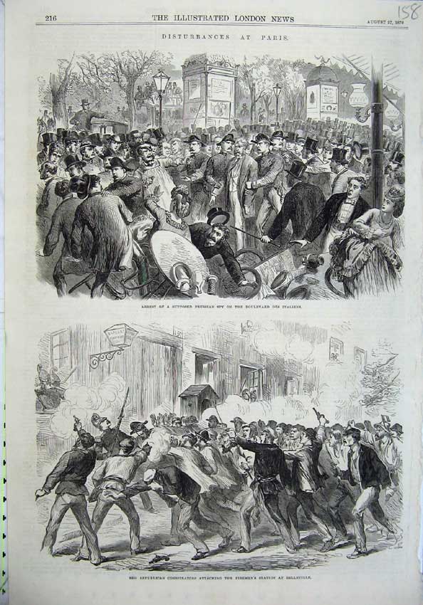 Original Old Antique Print Paris 1870 Prussian Spy Boulevard Firemen Belleville