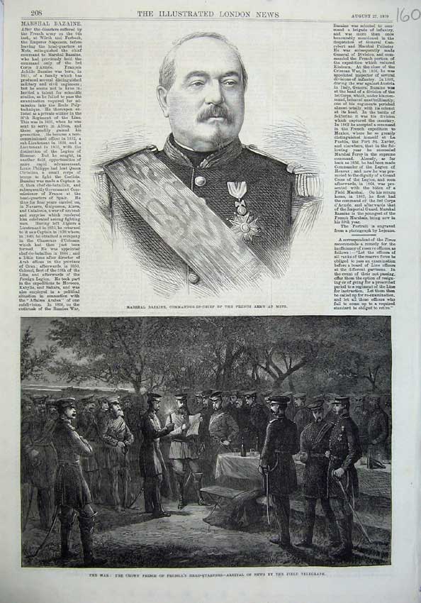 Old Antique Print Marshal Bazaine French Army 1870 Crown Prince Prussia 19th