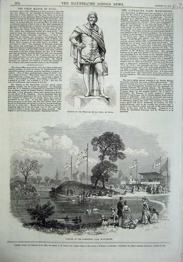 Old Antique Print Statue William Pole Hull 1870 Alexandra Park Manchester 19th