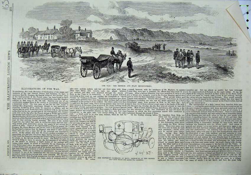 Old Antique Print 1870 War Emperor Reconnoitring Carriage Metz Horse Cart 19th