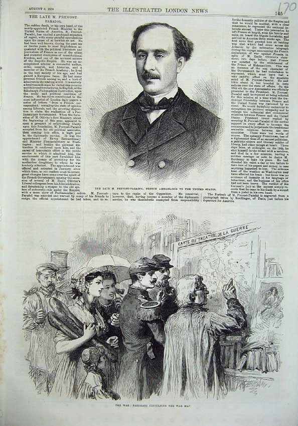Original Old Antique Print Prevost-Paradol French 1870 War Parisians War Map
